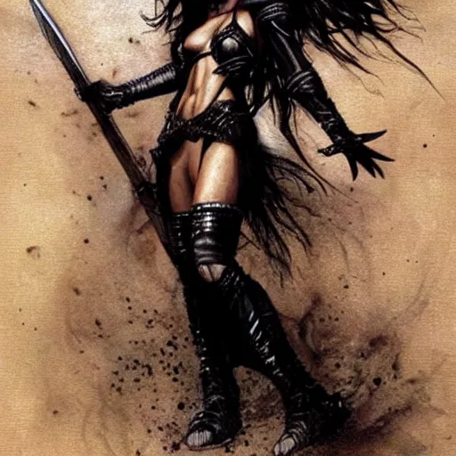 Image similar to female warrior, black hair, cinematic, by luis royo