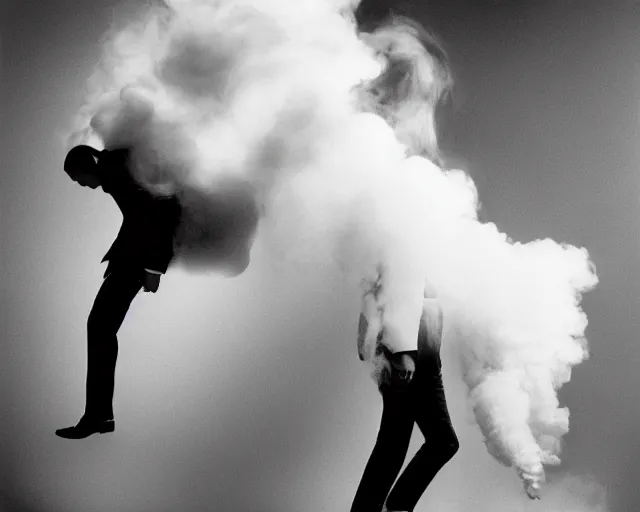 Image similar to a man who's head is turning into a puff of smoke, annie liebowitz, black and white