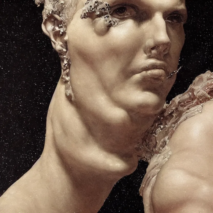 Prompt: a neoclassicist close - up portrait of a porcelain figure. reflective detailed textures. gloomy black background. highly detailed fantasy science fiction painting by moebius, norman rockwell, frank frazetta, and syd mead. rich colors, high contrast. artstation