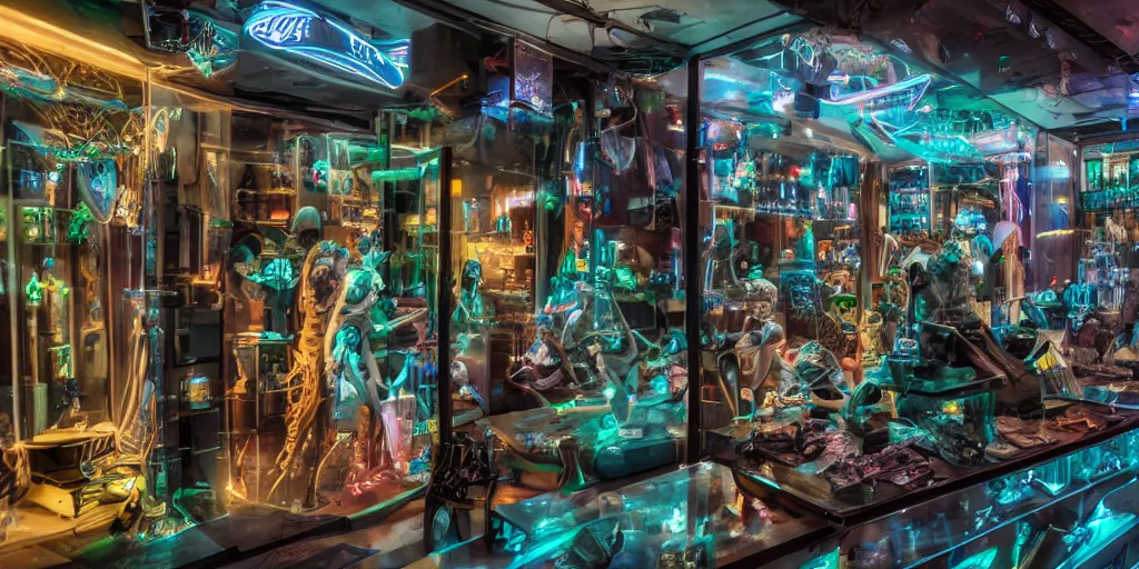 Image similar to a photo of a dirty alien shop, futuristic, holographic, 8k, sharp focus, Fujifilm