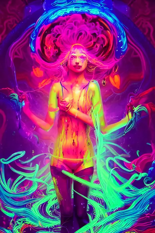 Image similar to a beautiful shaman girl engulfed in colorful liquid smoke and neon clouds, a colorful psychedelic experience, dmt, lsd, face, highly detailed, artstation, concept art, matte, sharp focus, illustration, digital art by hana yata, and artem demura and beeple, octane render, unreal engine, 8 k, pixel sorting