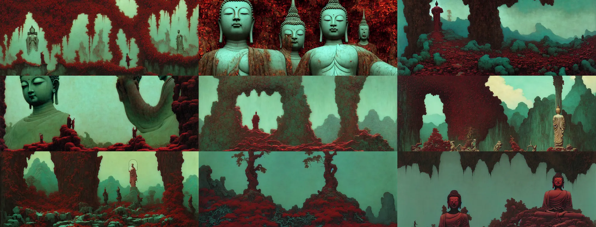 Image similar to a gorgeous bleak autumn painting by barlowe wayne, maxfield parrish, gustave dore and marco mazzoni. close - up shot on a lonely huge chinese buddha statue, broken, stone gate to the dark cave, vines. tiffany blue, maroon, blackish green. the winding stone steps. ultra clear detailed. 3 d, octane render. turbulent blood lake.