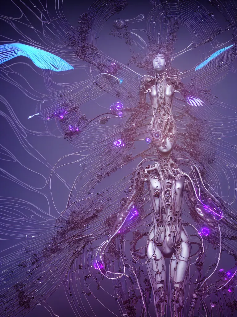 Prompt: futuristic ai cult, ethereal biomech race, deep quantum design, wings, flowers, wires and veins, ferrofluid, bismuth, city, unsettling, heartbreaking and enthralling, style blend of hideo kojima, shojo manga, mobius and botticelli, 4 k photorealistic, ultra fine inklines