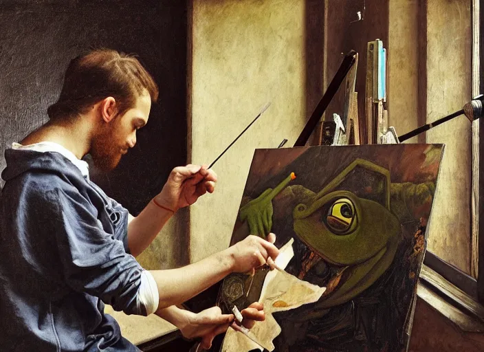 Prompt: a painter in his studio painting a picture of pepe the frog, by edgar maxence and caravaggio and michael whelan and delacroix style, artistic, intricate drawing, cinematic lighting, hyper realistic, extremely detailed, establishing shot, 8 k resolution, dramatic lighting