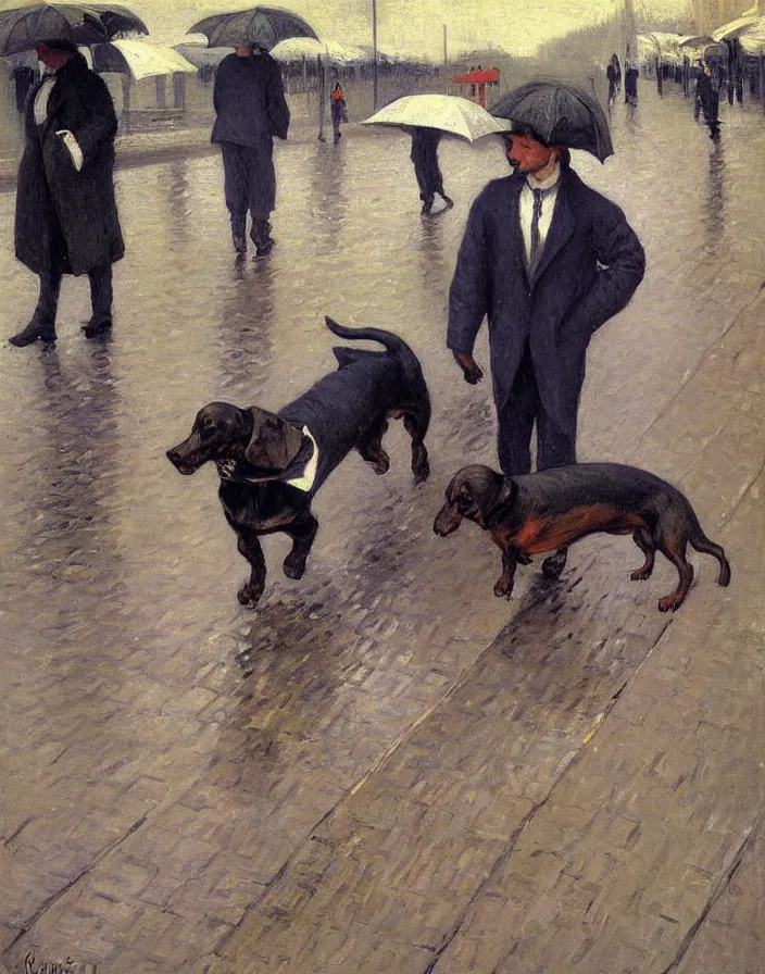 Image similar to Dachshund in rainy weather in Paris, oil painting by Gustave Caillebotte