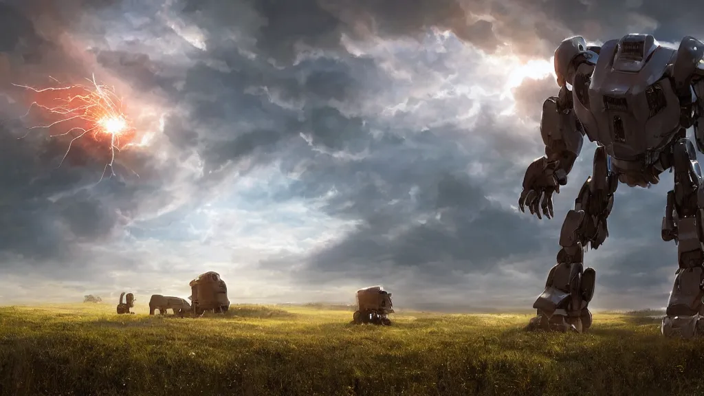 Image similar to Amazing photorealistic digital concept art of a large bipedal guardian robot in a rural setting by a barn, by James Clyne and Joseph Cross. Cinematic. LED lighting. A bright billowing explosion in the distance. Wide angle. Clean lines. Balanced composition.