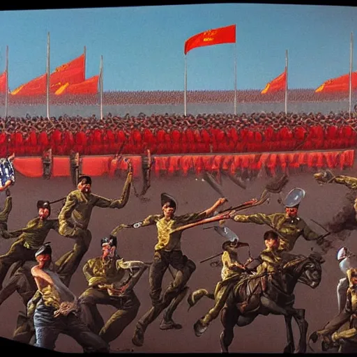 Image similar to tiananmen square 1989 in the style of Boris Vallejo, intricate, highly detailed, concept art, smooth, sharp focus