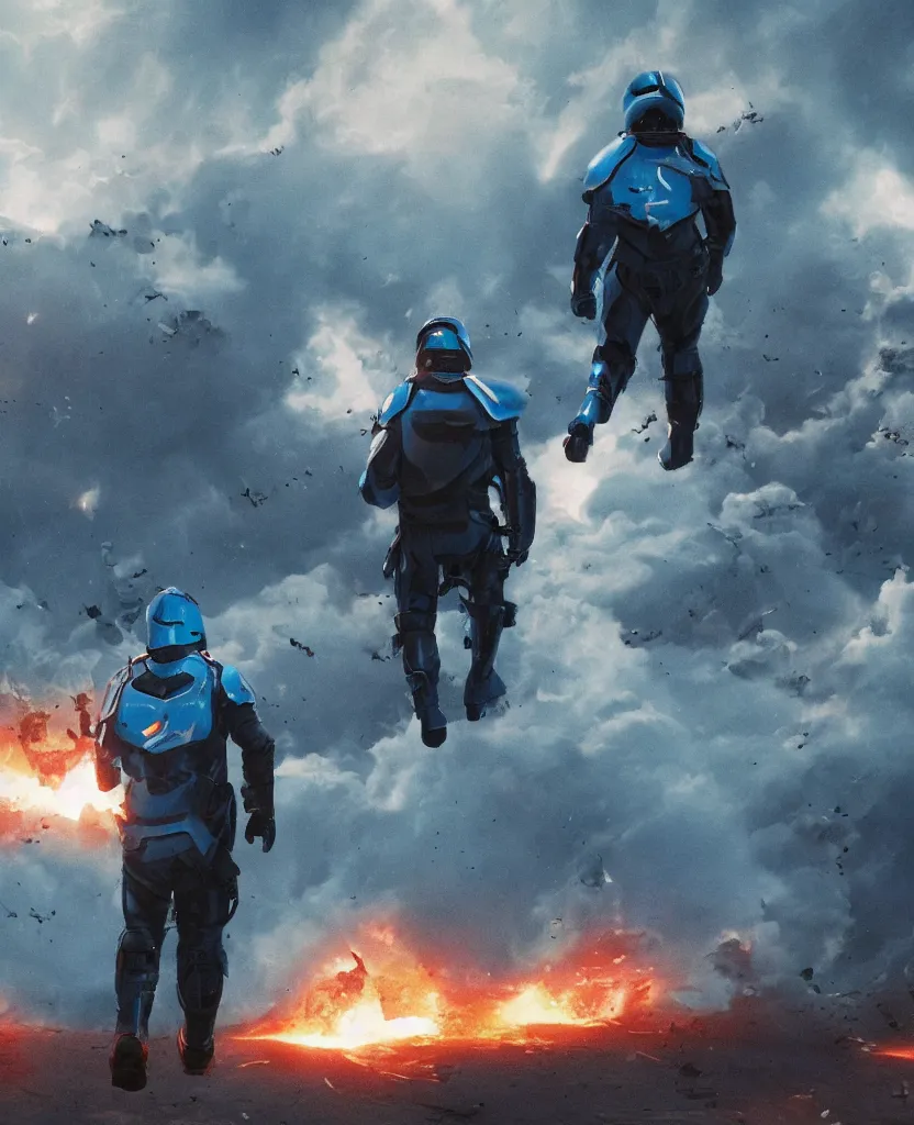 Prompt: a cinematic scene of a giant elon musk in sky blue armor walking away from a explosion of blue twitter birds, photorealistic