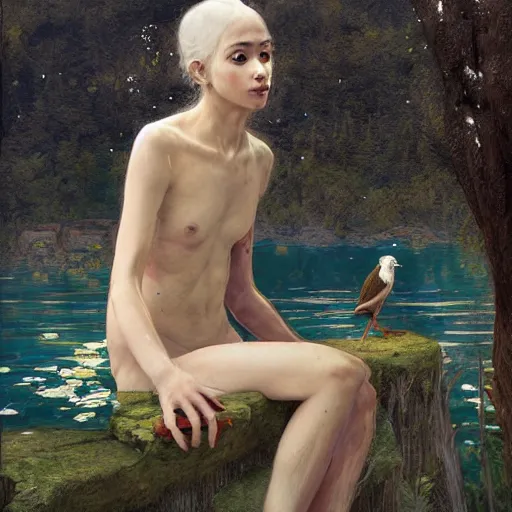 Prompt: Bird-Human-Hybrid, Harpy, sitting at a pond, mountainous area, trees in the background, oil painting, by Fernanda Suarez and Edgar Maxence and Greg Rutkowski