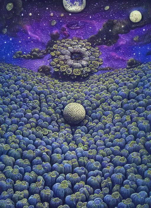 Image similar to detailed, intricate blue black and purple papaverum flower on the field, nebula, galaxy in the sky, winning award masterpiece, fantastically beautiful, illustration, aestheticly inspired, jacek yerka, upscale with anguissola sofonisba work, artstation, 8 k