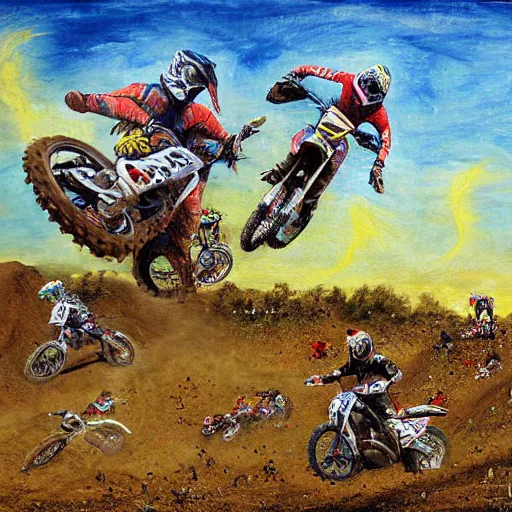 Prompt: motocross race on dirt jump, garden of earthly delights painting by jerome bosch