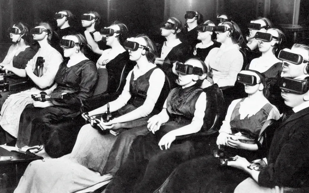 Image similar to 1 9 0 0 s photo of people using iphones ipods virtual reality headsets vr watching hd tv in a movie theater