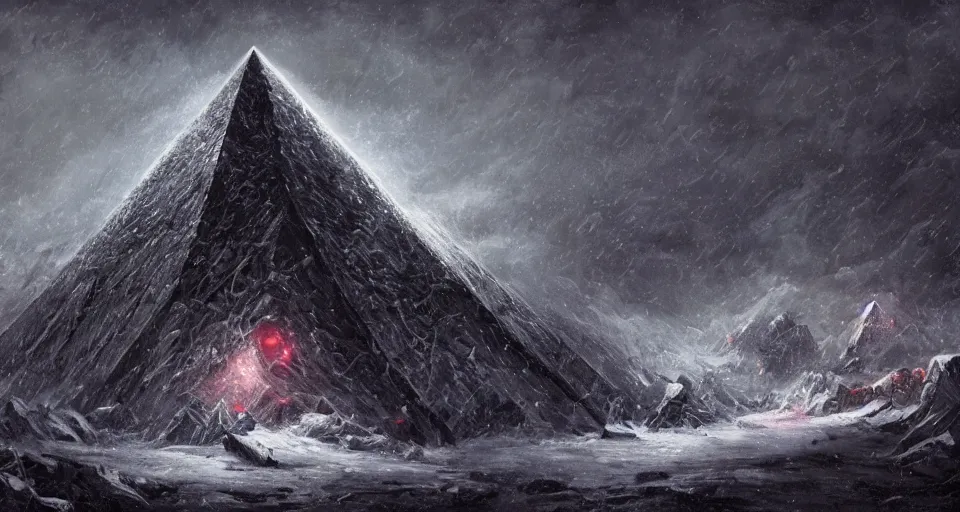 Image similar to black lovecraftian eldritch!! obsidian pyramid!! on a snowy mountain, surrounded by thousands of cultists, snowy, windy, by eugene von guerard, ivan shishkin, night, red lightning!!, storm!, dramatic lighting, concept art, trending on artstation, 8 k