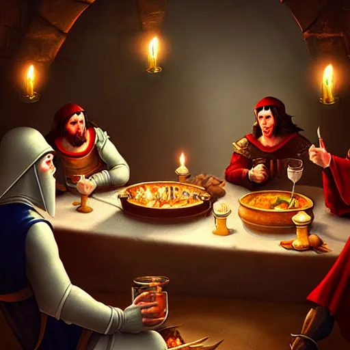 Prompt: medieval feast with drinking, artstation, fantasy