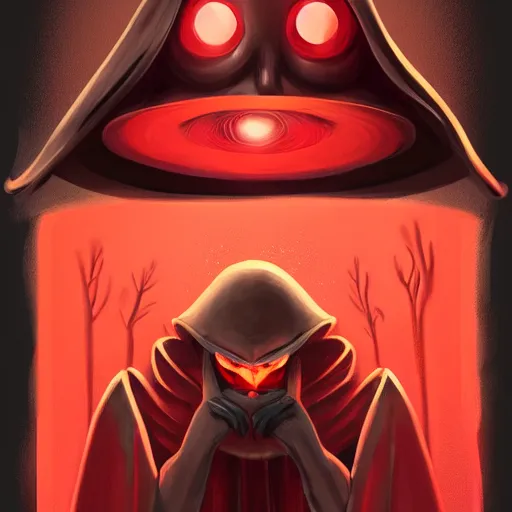 Image similar to dark lord looking into the camera, red glowing eyes, wearing black robe, happy, wearing mushroom hat, colorful, artstation