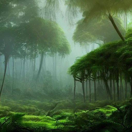 Prompt: A jungle forest in a panoramic view, 8k, cinematic perspective, hazy, Detailed, atmospheric, foggy, rivers, artstation