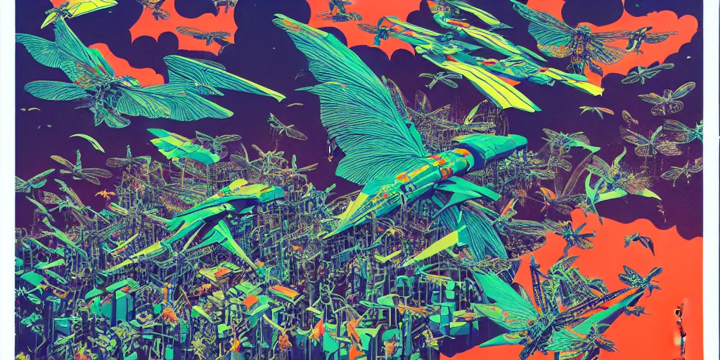 Image similar to risograph rendition, gigantic mecha arzach birds with dragonflies, tiny rats, a lot of exotic animals around, big human faces everywhere, helicopters and tremendous birds, by satoshi kon and moebius, matte colors, surreal psychedelic design, crispy, super - detailed, a lot of tiny details, fullshot