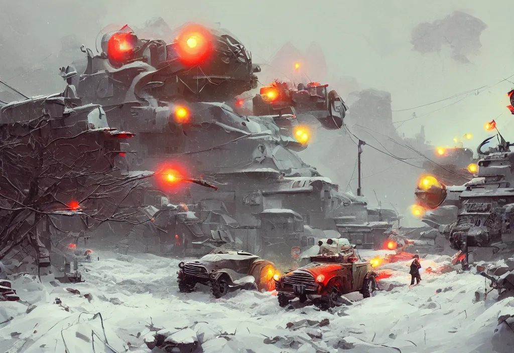 Prompt: war battle at WWII, dynamic composition, cinematic lighting, snow storm, warm and vibrant colors, art by Goro Fujita and Simon Stalenhag , 8k, trending on artstation, hyper detailed, cinematic