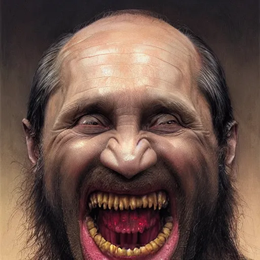 Image similar to vladimir putin, putin is bald caveman, vladimir putin awe face, toothless horror macabre face, clown nose, by donato giancola and greg rutkowski and wayne barlow and zdzisław beksinski, realistic face, digital art