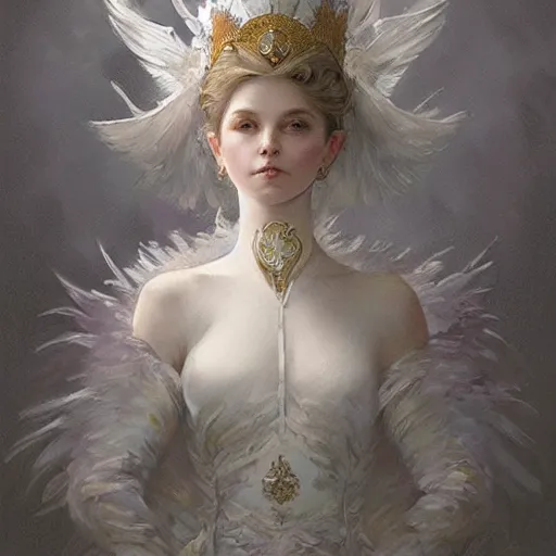 Image similar to a queen with a decorated dress made of white and cream plumes of swan, highly detailed, digital painting, Trending on artstation , HD quality, by artgerm and greg rutkowski and alphonse mucha, dramatic light, octane