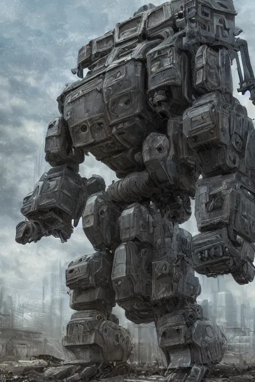 Image similar to ultra realist and ultra intricate detailed soft painting of a large mech, standing in a post-apocalyptic street, sensual gloomy style, volumetric clouds, artstation, unreal render, depth of field