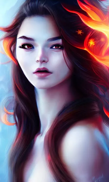 Prompt: god of fire, beautiful female, white skin, portrait, sharp focus, digital art, concept art, dynamic lighting, by emylie boivin and rossdraws