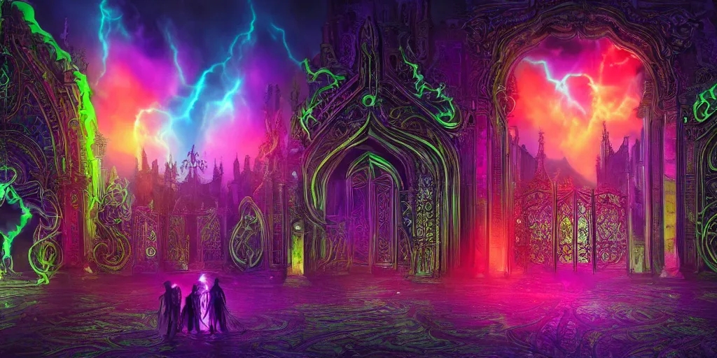 Prompt: [ palate ] [ gothic neon colors ] alien soul spirits congregating in front of an intricate giant gothic gateway, god figure waiting behind the gate, vibrant neon nebulous clouds, paisley pattern synapse clouds, symmetrical details, hyper realistic illustration, radiant light rays, photorealistic illustration, intricate and fine details, volumetric lighting, artstation