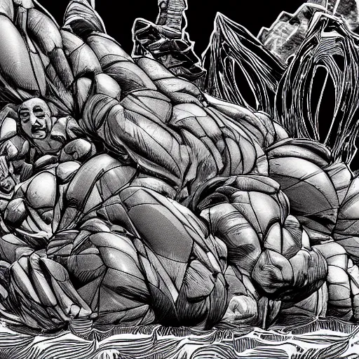 Image similar to a crawling mountain of muscles, highly detailed, manga, award winning pictures, by studio mappa, by studio wit