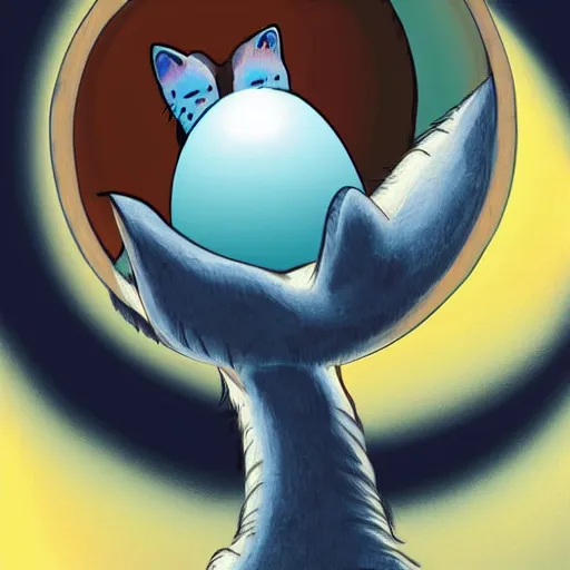 Image similar to A cat climbing out of an egg shell, digital art