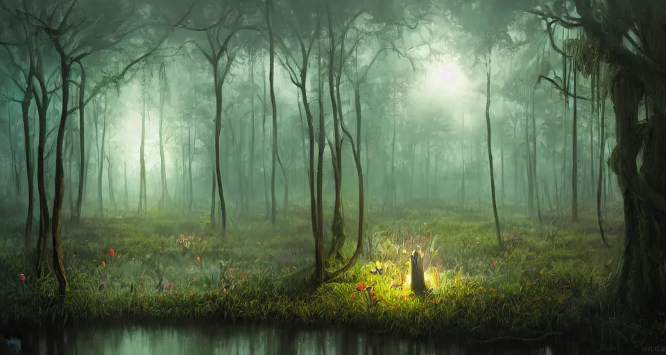 Image similar to A dense and dark enchanted forest with a swamp, by RHADS