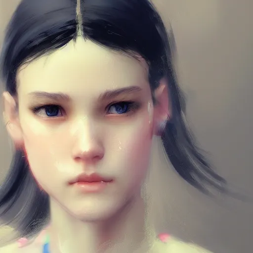 Prompt: a cute girl by ruan jia, closeup headshot, black ponytail, cinema - grade cg rendering, high detailed.