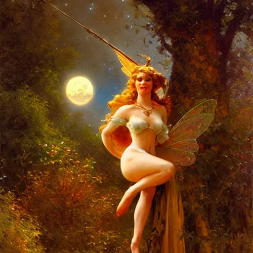 Image similar to attractive fairy magically floating high in the night, fantasy, full moon in background. highly detailed painting by gaston bussiere, craig mullins, j. c. leyendecker, sharp focus, 8 k