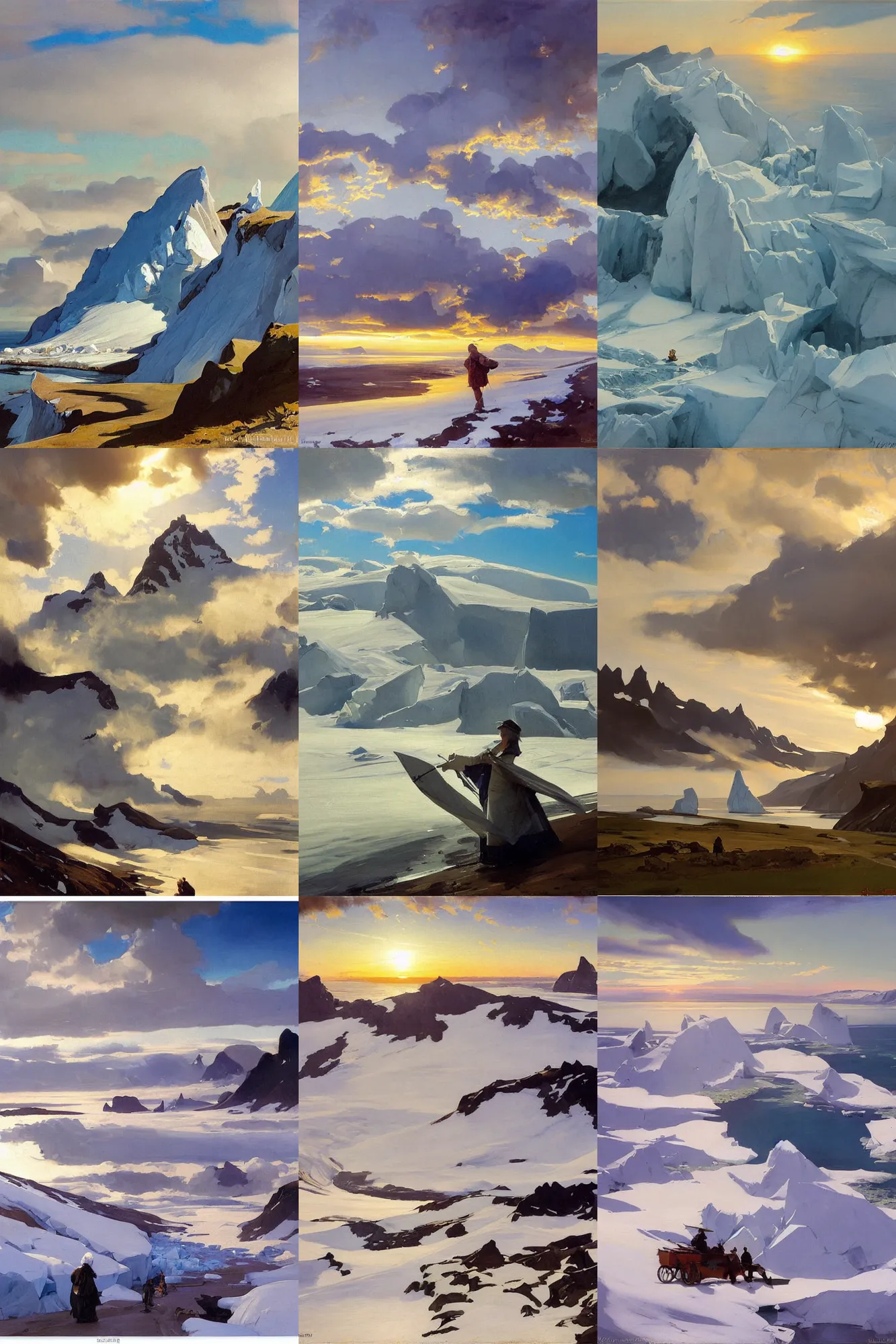 Prompt: painting by sargent leyendecker and gurney, rhads, vasnetsov, savrasov levitan polenov, middle ages, sunset sinrise, above the layered low clouds travel path road to sea bay view photo of greenland and iceland glacier and icebergs overcast