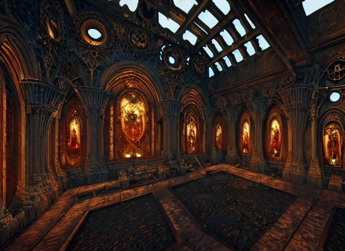 Image similar to steam necropolis, memento mori, gothic, neo - gothic, art nouveau, hyperdetailed copper patina medieval icon, stefan morrell, philippe druillet, ralph mcquarrie, concept art, steampunk, unreal engine, detailed intricate environment, octane render, moody atmospherics, volumetric lighting, ultrasharp, ominous, otherworldly