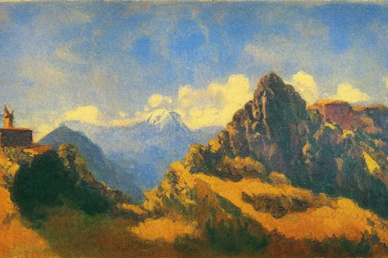 Prompt: Italian mountain scene painted in the style of money and Redon