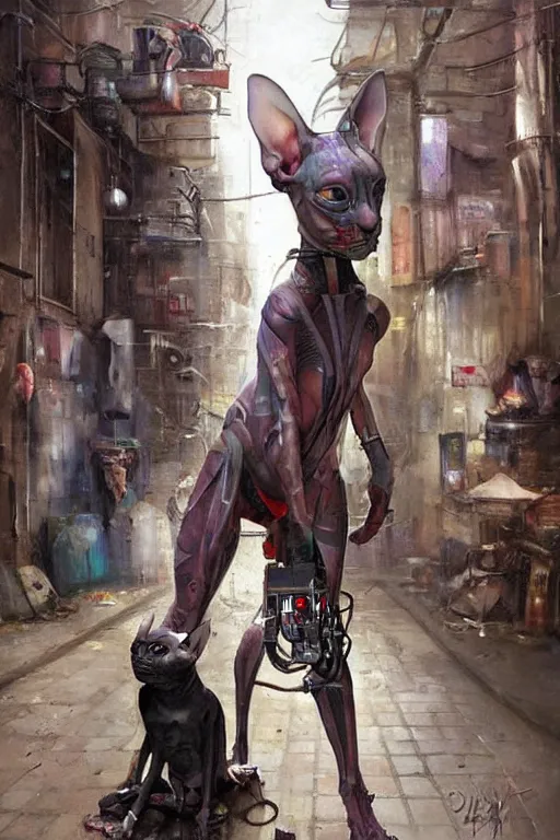 Image similar to a cyborg!! sphynx cat!!, in a cyberpunk alleyway by daniel gerhartz