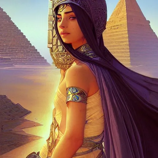 Image similar to portrait of isis as a beautiful cloaked sorceress, half body, perfect face, intricate, elegant, highly detailed, digital painting, artstation, concept art, smooth, sharp focus. temples towers and pyramids in the background. tiny people below. illustration, art by artgerm and greg rutkowski and alphonse mucha