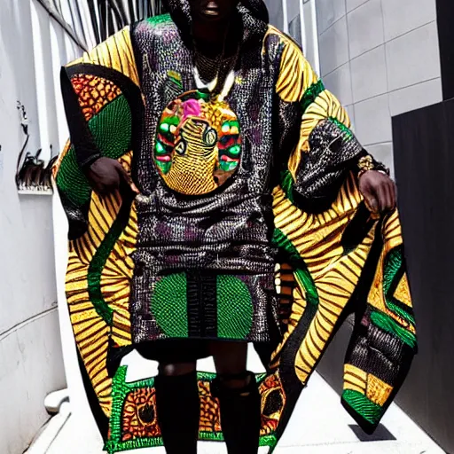 Image similar to black african american afro wearing gucci versace intricate textile chiton himation cloak tunic detailed design japanese kanji streetwear cyberpunk modern fashion