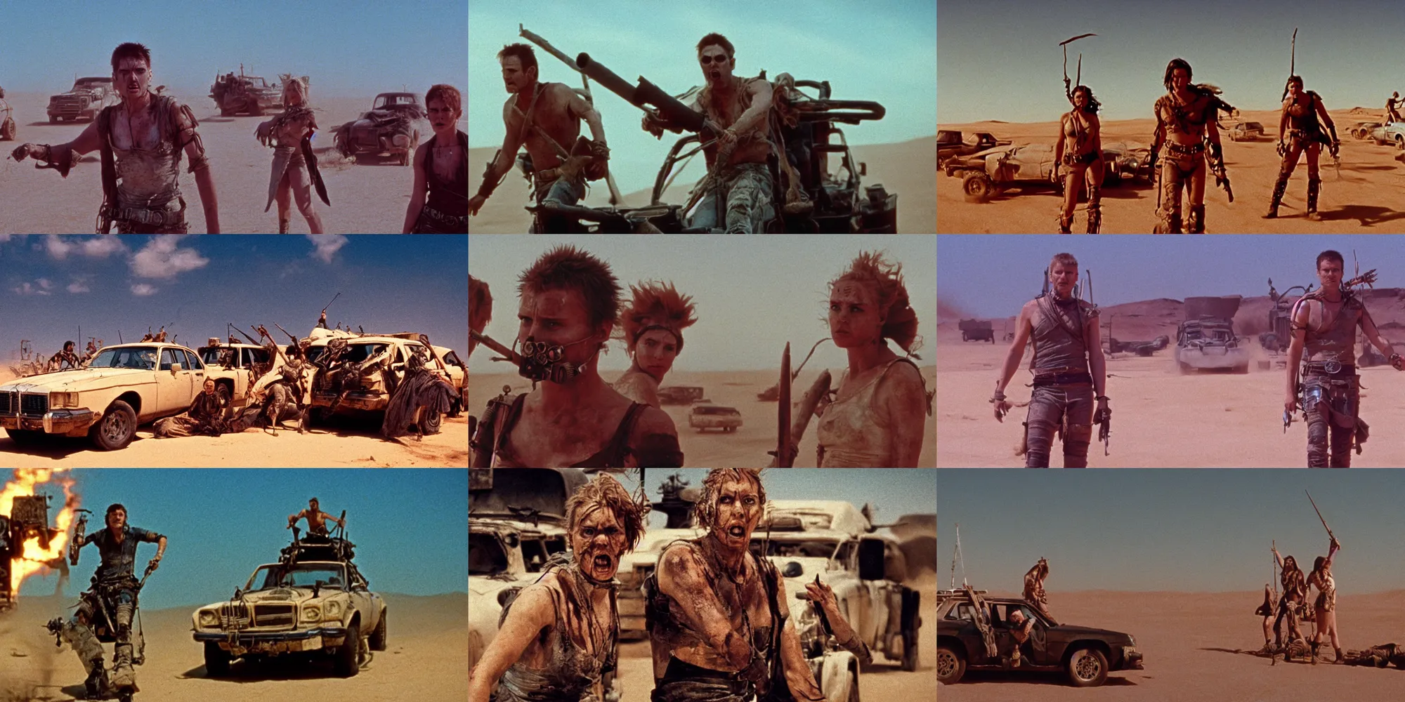 Prompt: mad max fury road directed by wes anderson, cinestill 8 0 0 t, 1 9 8 0 s movie still, film grain