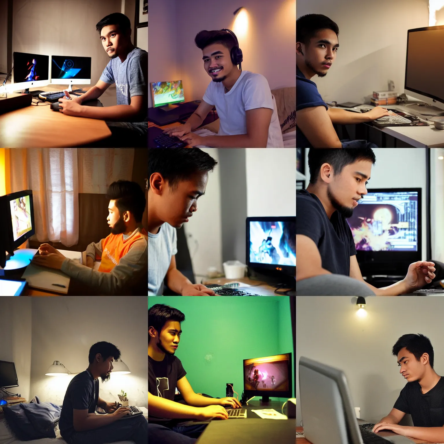 Prompt: a young Phillipine man in his mid-20s with a goatee playing DOTA 2 in his bedroom, dimly lit, cozy atmosphere