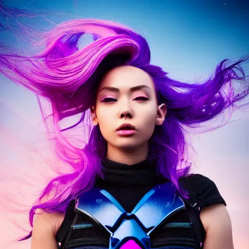 Image similar to a stunning high shutter speed action upper body portrait of a beautiful woman with a ombre purple pink hairstyle with head in motion and hair flying while wearing futuristic navy blue and teal battle bodyarmor and pauldrons by marvel comics, outrun, vaporware, action photography, highly detailed, fine detail, intricate, digital art, trending on artstation