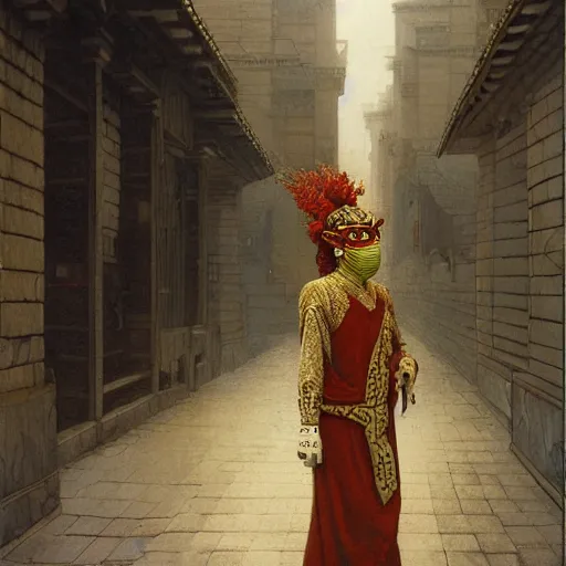 Image similar to portrait of masked Byzantine Tang Dynasty dancer on the art deco streets of the Undying Empire city of ya-Sattra during the Festival of Masks, award-winning realistic sci-fi concept art by Beksinski, Bruegel, Greg Rutkowski, Alphonse Mucha, and Yoshitaka Amano