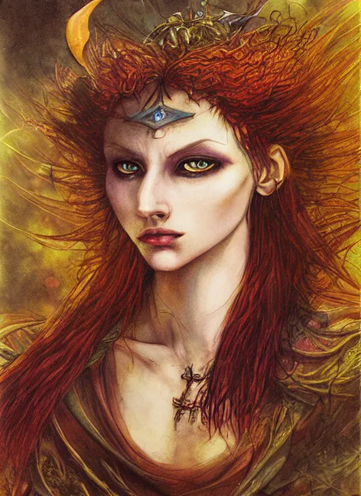 Image similar to portrait of young female sorceress of the endtimes, beautiful! coherent! dungeons and dragons character, by brian froud, strong line, cool night color, high contrast