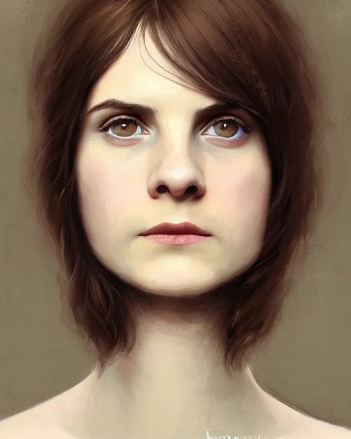 Prompt: portrait of a welsh teenage girl with brown hair, glowing skin, delicate features, quiet beauty, amelie poulain, Audreybreaker, teenage Louise brealey, fantasy, intricate, elegant, dress shirt, highly detailed, digital painting, artstation, concept art, smooth, sharp focus, illustration, art by Krenz Cushart and Artem Demura and alphonse mucha