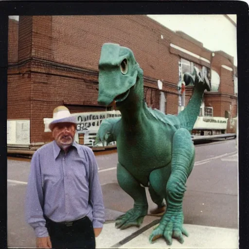 Image similar to a polaroid photo of an old man standing next to a dinosaur statue outside mcdonald's