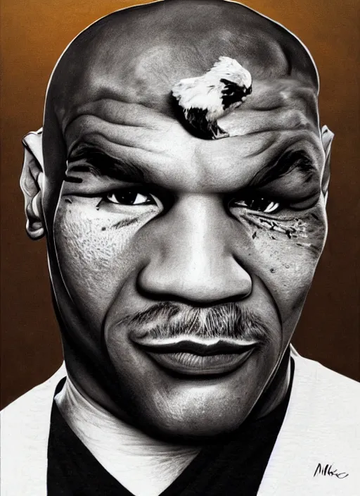 Image similar to a photorealistic portrait of mike tyson's face constructed from chicken cutlets.