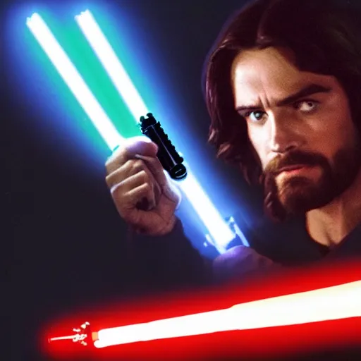 Prompt: jesus christ holding a lightsaber in star wars, 4 k, high resolution, still, landscape, hd, dslr, hyper realistic