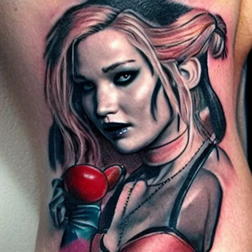 Image similar to a tatoo depicting jennifer lawrence as harley quinn, photo