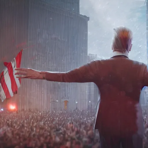 Image similar to trump wailing and waving his arms at cruel fate visually stunning, cinematic, ultra realistic, hyper realism, 1 2 k, epic, octane render, unreal engine, vfx, maya