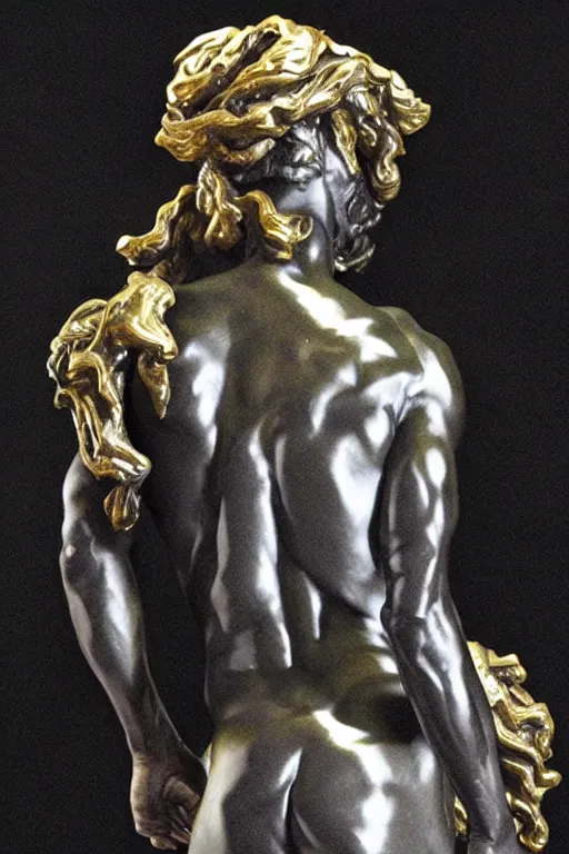 Prompt: andromeda prince statue sculpted by bernini and hedi xandt made with black marble with gold plating, realistic